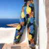 Pantalon palazzo marine imprimé tropical