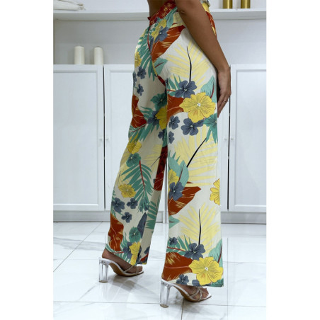 Pantalon palazzo fleuris vert motif fleure