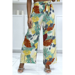 Pantalon palazzo fleuris vert motif fleure