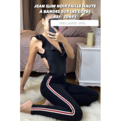 Jean slim noir taille haute à bandes sur les côtés