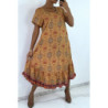Robe longue moutarde à manches courtes et imprimé coloré