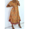 Robe longue moutarde à manches courtes et imprimé coloré