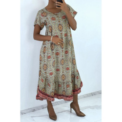 Robe longue vert à manches courtes et imprimé coloré