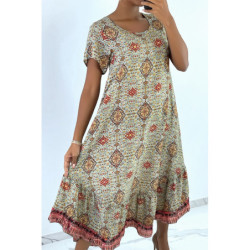 Robe longue vert à manches courtes et imprimé coloré