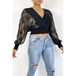 Pull cache coeur court noir avec manches bouffante en dentelle