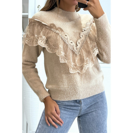 Pull  couleur taupe tout doux à col montant et volant brodé style rétro