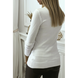 Pull blanc col rond en maille tricot très extensible et très doux