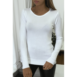 Pull blanc col rond en maille tricot très extensible et très doux