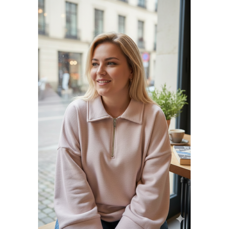 Sweat rose Oversize à Col Zippé – Douceur & Style Italien
