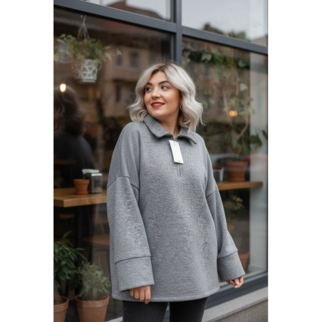 Sweat gris Oversize à Col Zippé – Douceur & Style Italien