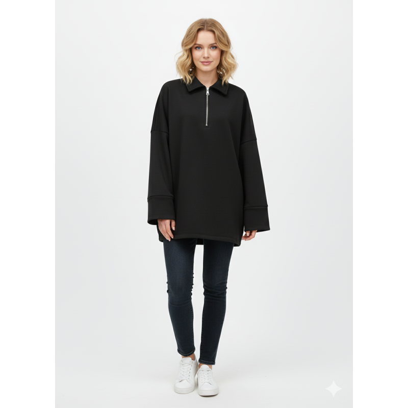 Sweat noir Oversize à Col Zippé – Douceur & Style Italien