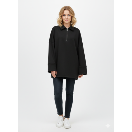 Sweat noir Oversize à Col Zippé – Douceur & Style Italien