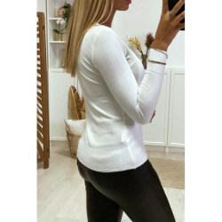 Pull blanc col V en maille tricot très extensible et très doux