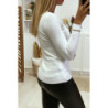 Pull blanc col V en maille tricot très extensible et très doux