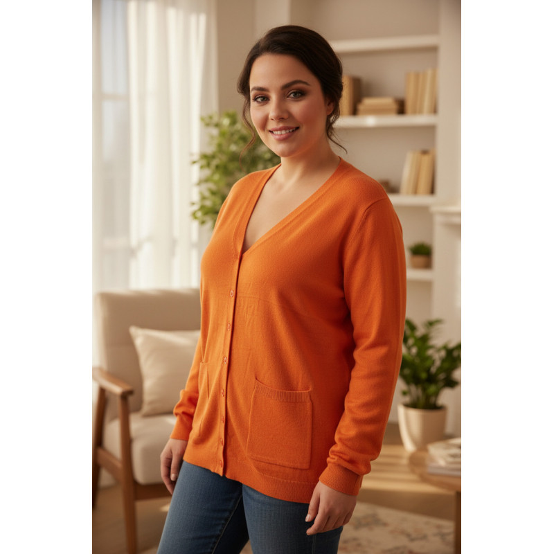 Gilet orange Cardigan Maille Douce - Col V