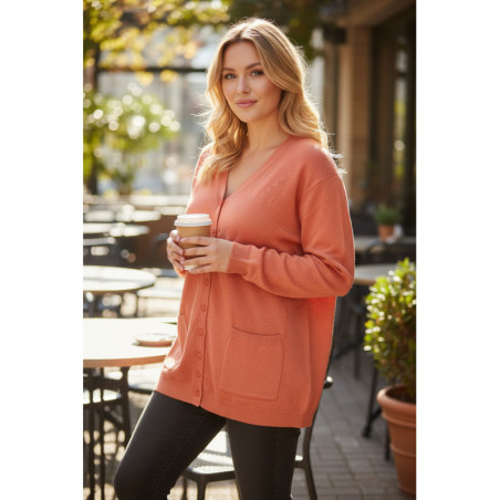 Gilet orange corail Cardigan Maille Douce - Col V