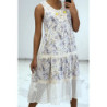 Robe longue fluide à imprimé floral bleu détails broderie ajourée
