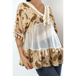 Tunique beige ajourée façon bohème avec pompons et motifs