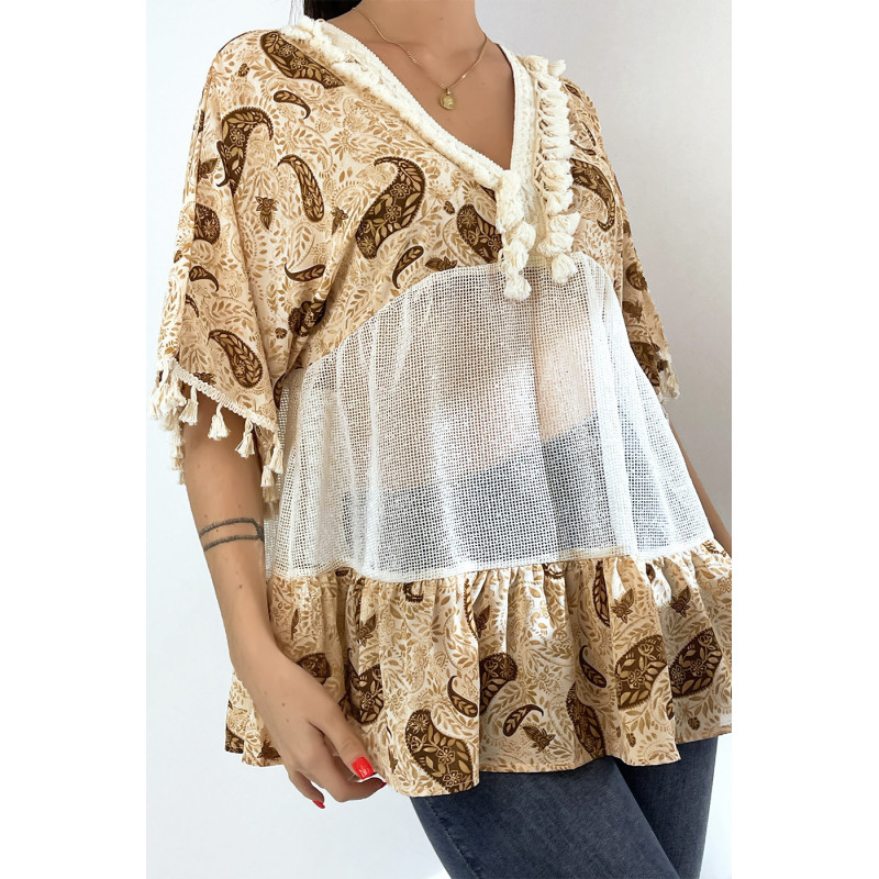 Tunique beige ajourée façon bohème avec pompons et motifs