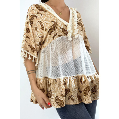 Tunique beige ajourée façon bohème avec pompons et motifs