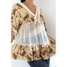 Tunique beige ajourée façon bohème avec pompons et motifs