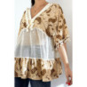 Tunique beige ajourée façon bohème avec pompons et motifs
