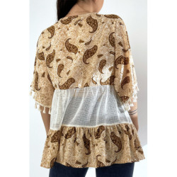 Tunique beige ajourée façon bohème avec pompons et motifs