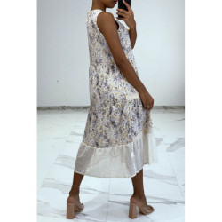 Robe longue fluide à imprimé floral bleu détails broderie ajourée