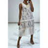 Robe longue fluide à imprimé floral bleu détails broderie ajourée