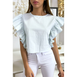 Blouse bleu très chic avec volant aux manches