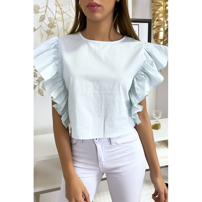 Blouse bleu très chic avec volant aux manches