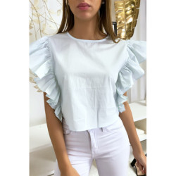 Blouse bleu très chic avec volant aux manches