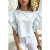 Blouse bleu très chic avec volant aux manches