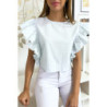Blouse bleu très chic avec volant aux manches