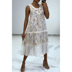 Robe longue fluide à imprimé floral violet détails broderie ajourée