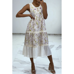 Robe longue fluide à imprimé floral violet détails broderie ajourée