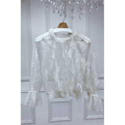 Blouse blanche en tulle et dentelle à volant col fraise