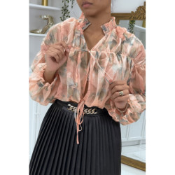 Blouse fleurie à nouer en tulle rose