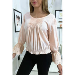 Blouse rose plissé au buste avec volant en dentelle aux manches