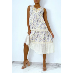Robe longue fluide à imprimé floral violet détails broderie ajourée