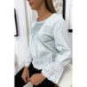 Blouse bleu plissé au buste avec volant en dentelle aux manches