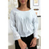 Blouse bleu plissé au buste avec volant en dentelle aux manches