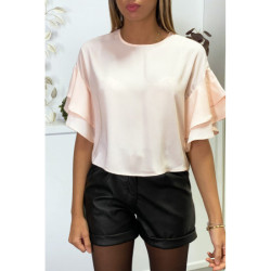 Blouse rose en crêpe avec volants aux manches