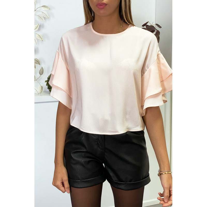 Blouse rose en crêpe avec volants aux manches