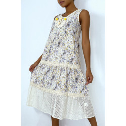 Robe longue fluide à imprimé floral violet détails broderie ajourée