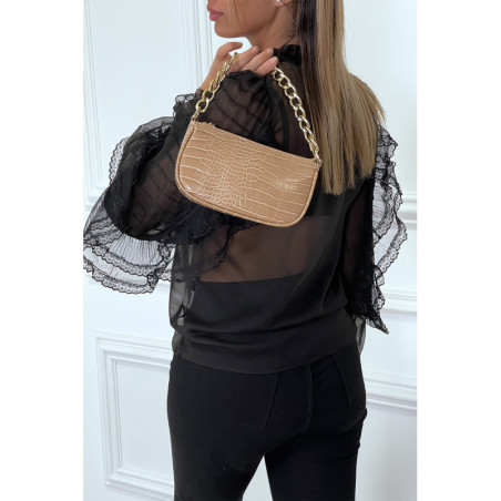 Blouse noir en tulle avec broderie et volant