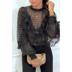 Blouse noir en tulle avec broderie et volant