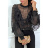 Blouse noir en tulle avec broderie et volant