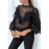 Blouse noir en tulle avec broderie et volant