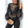 Blouse noir en tulle avec broderie et volant